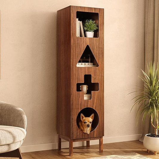 WERMO 18’’ Showcase Display Cabinet with Geometric Cut-Out Doors - Modern Curio Cabinet for Dining Room, Living Room, Entryway. Trophy Case, Collectible Display Case Wood with Door & Storage Consoles (Walnut)