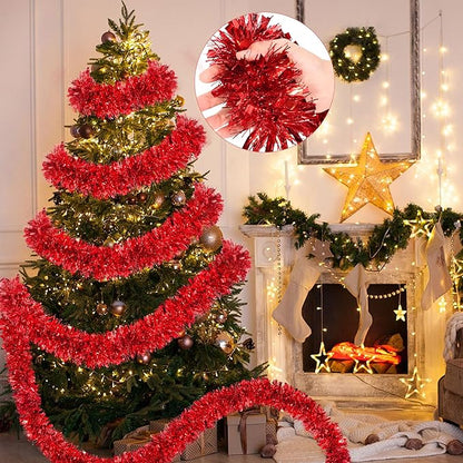 50 FT Red Christmas Tinsel Garland Christmas Decorations for Xmas Tree Decor, Shiny Metallic Twist Hanging Tinsel Garlands for Stairs Mantle Fireplace Home Indoor Outdoor Holiday Party Supplies