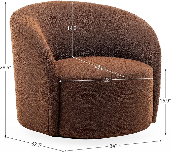KINWELL 34" W Swivel Barrel Chair Set of 2, Mid Century Modern Round Upholstered Boucle Swivel Accent Chairs, No Assembly Chair for Living Room Bedroom Reading, Brown