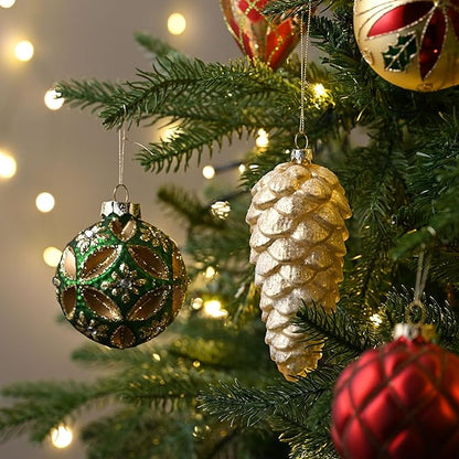 Valery Madelyn Glass Christmas Ornaments Set, 10ct Red Green and Gold Mercury Blown Glass Christmas Tree Ball Decorations, Traditional Country Xmas Hanging Teardrop Finial Bulk for Holiday Decor