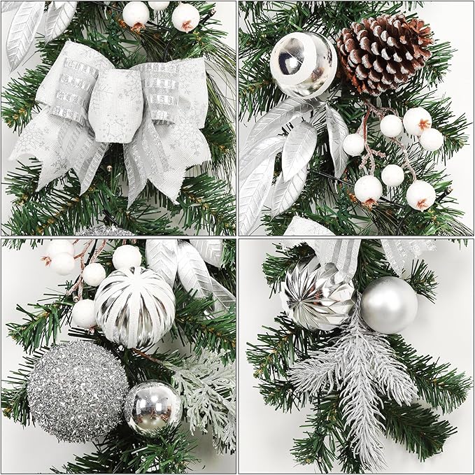6FT Pre-Lit Christmas Garland with 20 LED Lights, Artificial Silver Garland with Pinecones, Berries, Silver Ornaments, Glitter Ribbons & Leaves, Battery Operated, for Mantle, Fireplace, Staircase,
