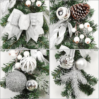 6FT Pre-Lit Christmas Garland with 20 LED Lights, Artificial Silver Garland with Pinecones, Berries, Silver Ornaments, Glitter Ribbons & Leaves, Battery Operated, for Mantle, Fireplace, Staircase,