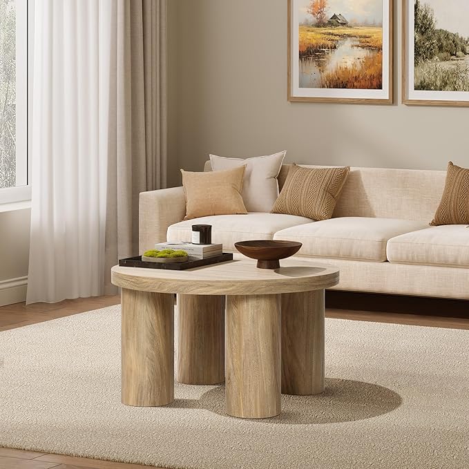 LuxenHome Round Coffee Table with 4 Pillar Legs, 27.5'' Wide Accent Center Table, Modern Farmhouse Oak Finish Wooden Low Cocktail Tea End Table with Sturdy Base for Living Room Home Office
