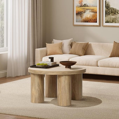 LuxenHome Round Coffee Table with 4 Pillar Legs, 27.5'' Wide Accent Center Table, Modern Farmhouse Oak Finish Wooden Low Cocktail Tea End Table with Sturdy Base for Living Room Home Office
