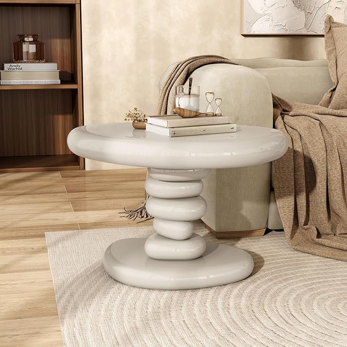 24/7 Shop at Home Kavren Modern 37-inch 3-Piece Oval Glossy Low Profile Coffee Table Set, Stone Shape Living Room Furniture for Small Space, Ivory