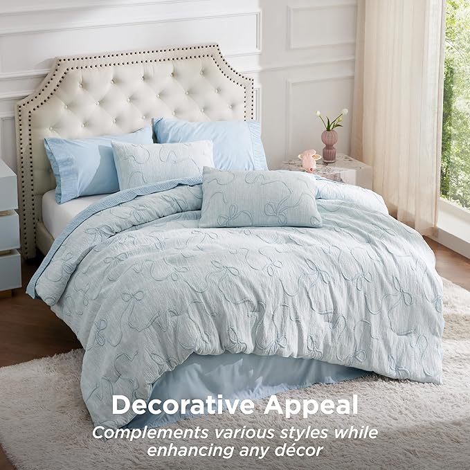 Bedsure Twin Size Comforter Set, Dusty Blue Boho Tufted Bed Set, 3D Puffy Jacquard Bedding King Size, 2 Pieces, 1 Farmhouse Shabby Chic Embroidery Comforter with Bow Pattern & 1 Pillow Case