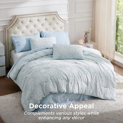 Bedsure Twin Size Comforter Set, Dusty Blue Boho Tufted Bed Set, 3D Puffy Jacquard Bedding King Size, 2 Pieces, 1 Farmhouse Shabby Chic Embroidery Comforter with Bow Pattern & 1 Pillow Case