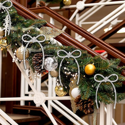 FLAIR GIFTS 6 Pcs 4.3" x 6" 2025 Christmas Bows for Tree Decor, Silver Sparkly Glitter Rhinestone Bow Ornaments with Twist Tie for Xmas Decoration, Wreath, Garland, Gift Wrapping