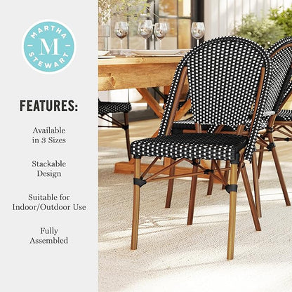 Martha Stewart Lily Pond Indoor Outdoor Stackable Aluminum Bistro Outdoor Chair with Natural Woodgrain Frame Finish and Black/White Woven Rattan Backrest and Seat
