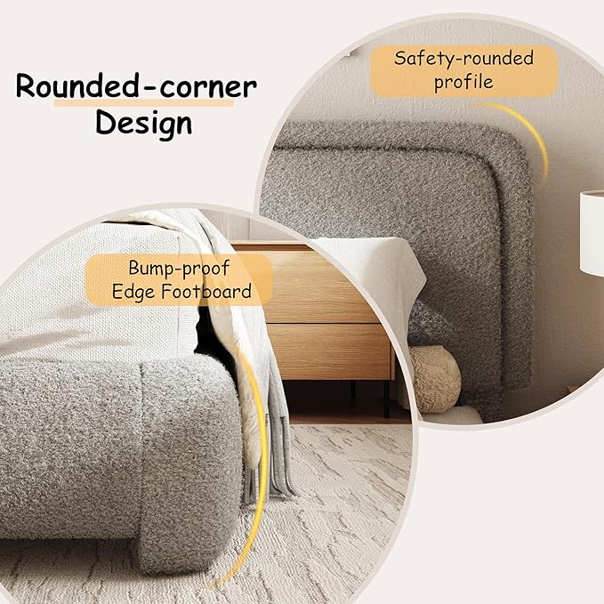 King Size Boucle Bed Frame, Cloud Upholstered Platform Bed with Height Adjustable Headboard & Soft Rounded Corners, No Box Spring Needed, Noise Free, Easy Assembly, Light Grey
