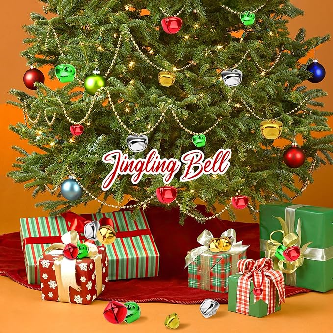 Augshy 240 Pieces Colorful Jingle Bells 4 Colors Mixed Craft Bell Bulk for Christmas Home and Pet Decorations Xmas Decor Party Favors Supplies (0.3/0.4/0.47 inch)