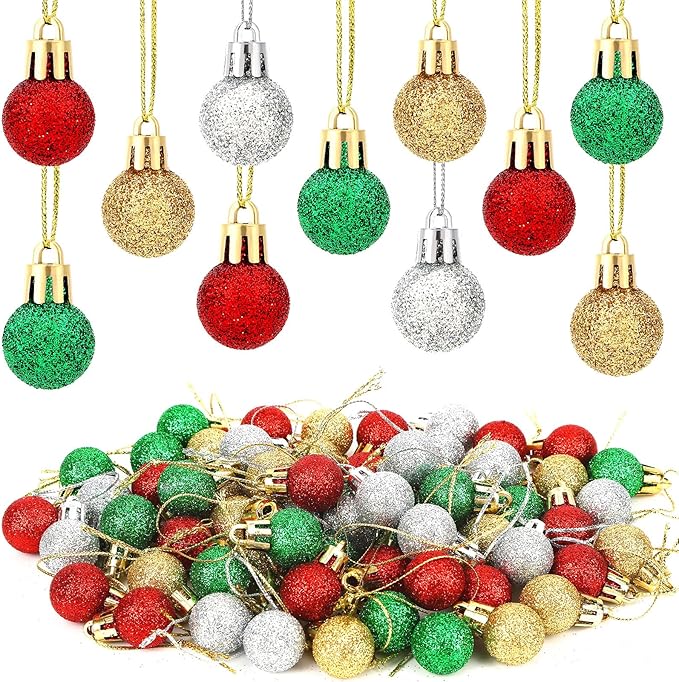 Jansun 60PCS Christmas Mini Balls Ornaments Miniature Xmas Tree Hanging Decorations Small Vintage Glitter Balls for Holiday Party Outdoor Indoor DIY Craft Decor Supplies (Glitter Surface) ﻿