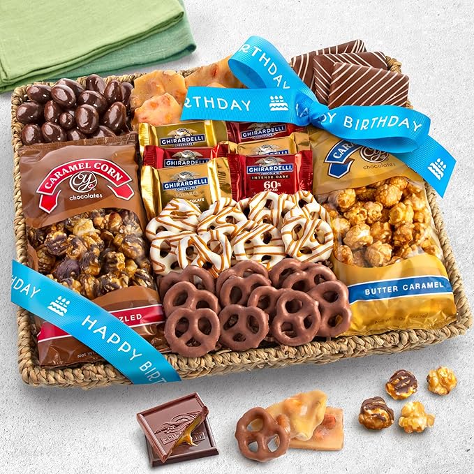 A Gift Inside Birthday Chocolate Caramel and Crunch Grand Gift Basket with Snacks, Pretzels, Ghirardelli and Chocolate-covered Nuts