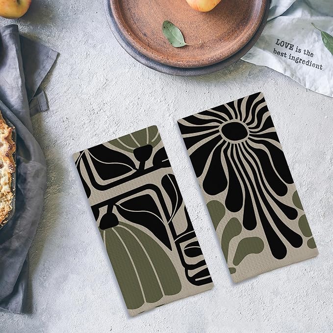 Sage Green Groovy 70s Retro Kitchen Towels Set of 2 Boho Floral Dish Towels Boho Hand Towels Boho Bathroom Decor 16x24