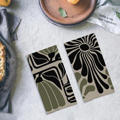 Sage Green Groovy 70s Retro Kitchen Towels Set of 2 Boho Floral Dish Towels Boho Hand Towels Boho Bathroom Decor 16x24