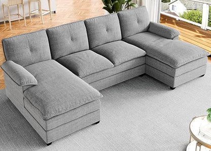 Meilocar U Shaped Sectional Sofa 110" 4 Seat Large Cloud Couch with Double Layer Cushions, Striped Grey