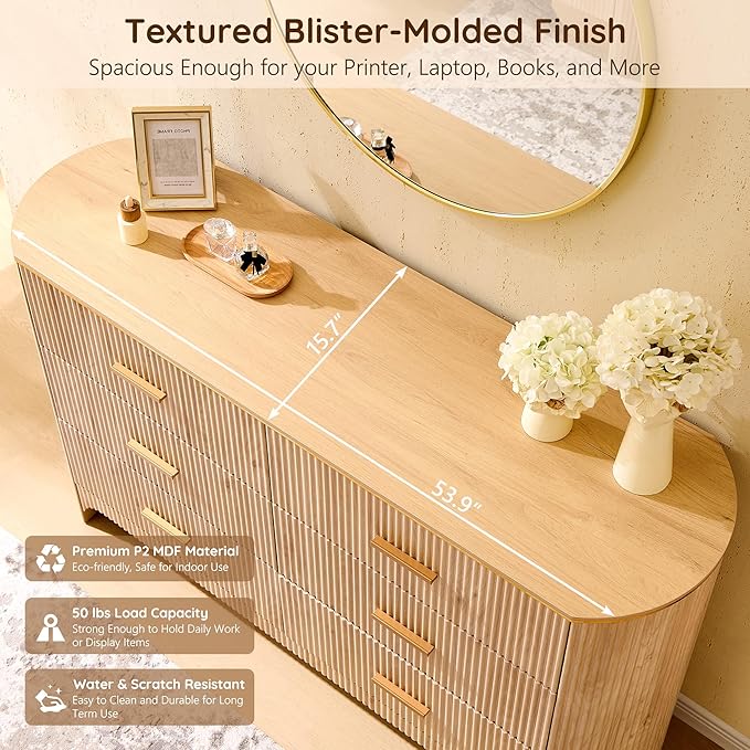 Fluted 6 Drawer Dresser for Bedroom with Curved Profile Design,53.9" W Chest of Drawers with Reeded Texture,Wide Storage Cabinet with Smooth-Glide Drawers,gold metal handle or Living Room,Light Oak