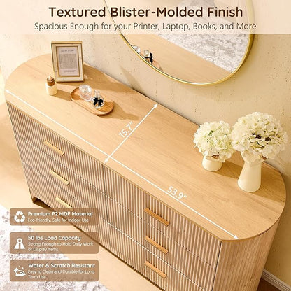 Fluted 6 Drawer Dresser for Bedroom with Curved Profile Design,53.9" W Chest of Drawers with Reeded Texture,Wide Storage Cabinet with Smooth-Glide Drawers,gold metal handle or Living Room,Light Oak