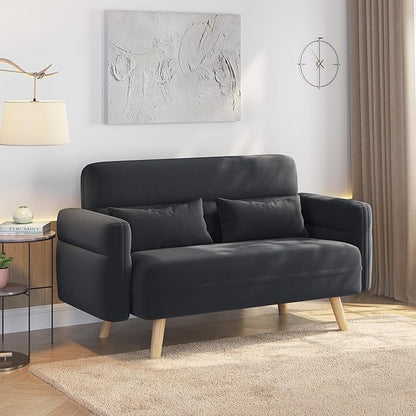 Yaheetech 46" Small Modern Fabric Loveseat Mid Century 2 Seater Sofa with Lumbar Pillows Solid Wood Legs, Dark Gray