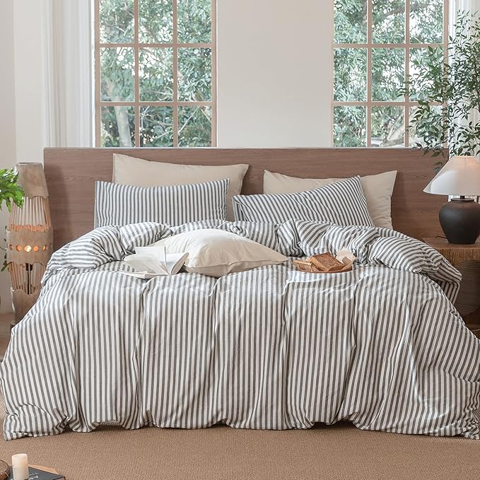 MooMee Striped Duvet Cover Set 100% Washed Cotton Linen Like Textured Breathable Durable Soft Comfy (Dark Grey White Classic Stripes, Full 80"x90")