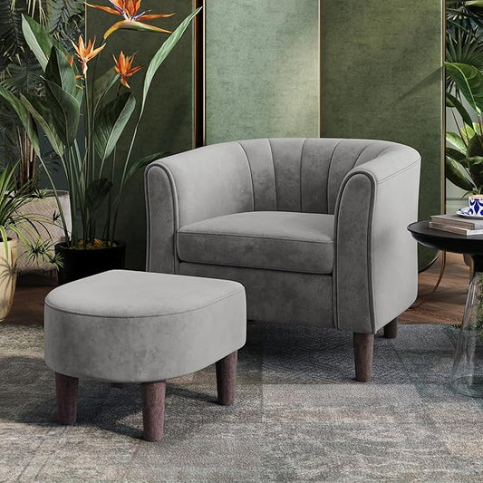 LINSY Accent Chair with Ottoman, Modern Armchair Comfy Barrel Reading Chair with Footrest for Living Room Bedroom Reading Room, Velvet, Light Grey