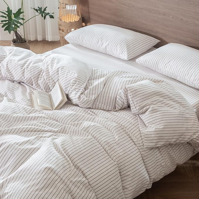 MooMee Striped Duvet Cover Set 100% Washed Cotton Linen Like Textured Breathable Durable Soft Comfy (White Orange Wide Stripes, Super Queen 90"x98")