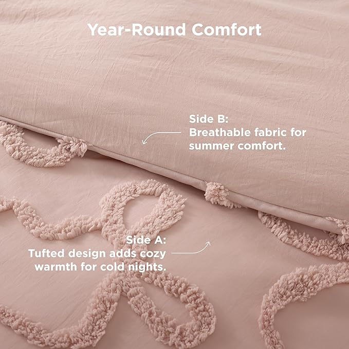 Bedsure Queen Size Comforter Set - Rose Pink Tufted Boho Bed Set, Farmhouse Shabby Chic Embroidery Bedding for All Seasons, 3 Pieces, 1 Soft Jacquard Queen Comforter and 2 Pillow Shams