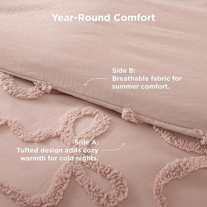 Bedsure Queen Size Comforter Set - Rose Pink Tufted Boho Bed Set, Farmhouse Shabby Chic Embroidery Bedding for All Seasons, 3 Pieces, 1 Soft Jacquard Queen Comforter and 2 Pillow Shams