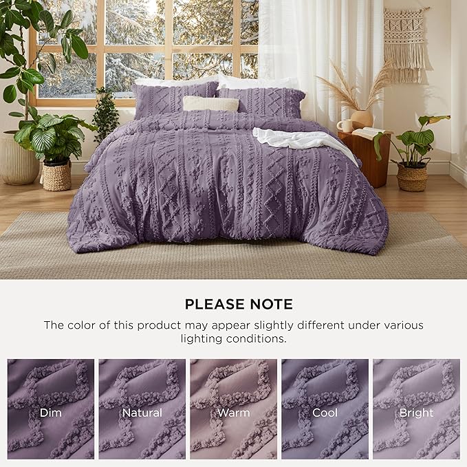 Bedsure Tufted Boho Comforter Set King Size - Grayish Purple Boho Bed Set, GentleSoft™ 3 Pieces Farmhouse Shabby Chic Embroidery Bedding, Gifts for Woman, Soft Jacquard King Comforter for All Seasons