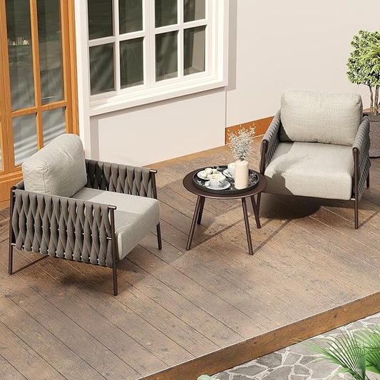 EAST OAK 3-Piece Patio Furniture Set Outdoor Seating Furniture with Cushions | Deep Seating Modern Conversation Set | Garden, Porch, Balcony & Backyard | Chestnut & Apricot