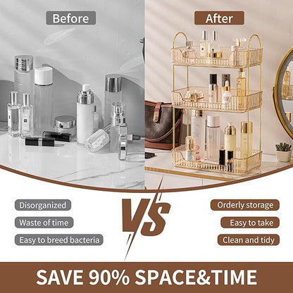 3 Tier Bathroom Organizer Countertop Makeup Perfume Skincare Organizer for Bathroom Dresser Vanity (Gold)