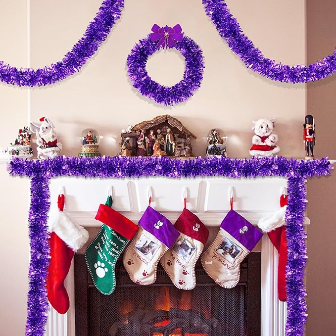 33FT Purple Tinsel Christmas Garland Metallic Twist Shiny Garland for Christmas Tree Decorations, Xmas Holiday Hanging Garland for Home Indoor Outdoor Party Supplies Holiday Decor