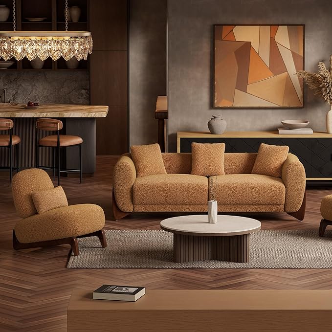 Morden Fort 2 Piece Boucle Sofa Set, Modern Upholstered Couches Sofas Set Durable Comfy Boucle Pet-Friendly, Armless Cchair & 3-Seater Sofa Sets for Living Room Bedroom Apartment, Toffee Orange