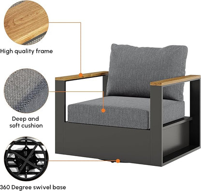 homary Outdoor Swivel Chair, Patio Chair Outdoor Seating with Gray Cushions, Aluminum Frame & Wood Accents, 360° Rotating Base, Weather-Resistant Upholstery for Patio or Deck