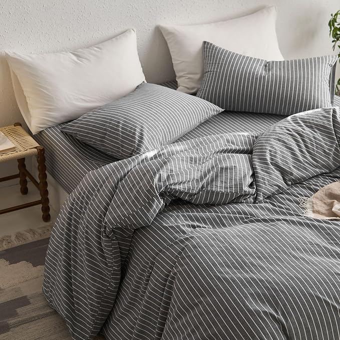 MooMee Striped Duvet Cover Set 100% Washed Cotton Linen Like Textured Breathable Durable Soft Comfy (Dark Grey White Wide Stripes, Queen 90"x90")
