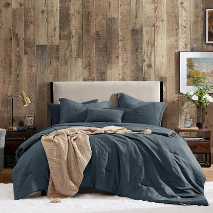 Geniospin King Size Comforter Set- 7 Piece Navy Blue Textured King Bedding Set, Soft Solid Bed in a Bag for All Season, King Comforter Set with Sheets(Navy Blue,102''x90'')
