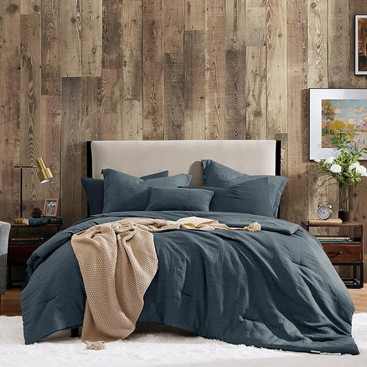 Geniospin King Size Comforter Set- 7 Piece Navy Blue Textured King Bedding Set, Soft Solid Bed in a Bag for All Season, King Comforter Set with Sheets(Navy Blue,102''x90'')