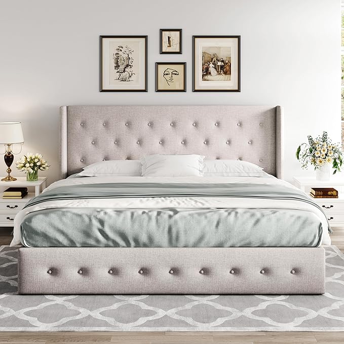 Allewie King Size Lift Up Storage Bed, Button Tufted Headboard with Wingback, Hydraulic Support, No Box Spring Needed, Light Beige