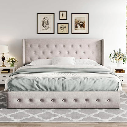 Allewie King Size Lift Up Storage Bed, Button Tufted Headboard with Wingback, Hydraulic Support, No Box Spring Needed, Light Beige