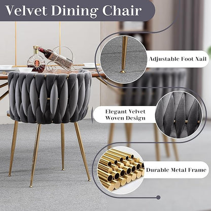 Modern Luxury Round Glass Dining Table Set for 4, 39'' Clear Circular Kitchen Table Set, 5 Pieces Minimalist Circle Dinner Room Table Set with Grey Woven Dining Chair, for Small Place (Gold)