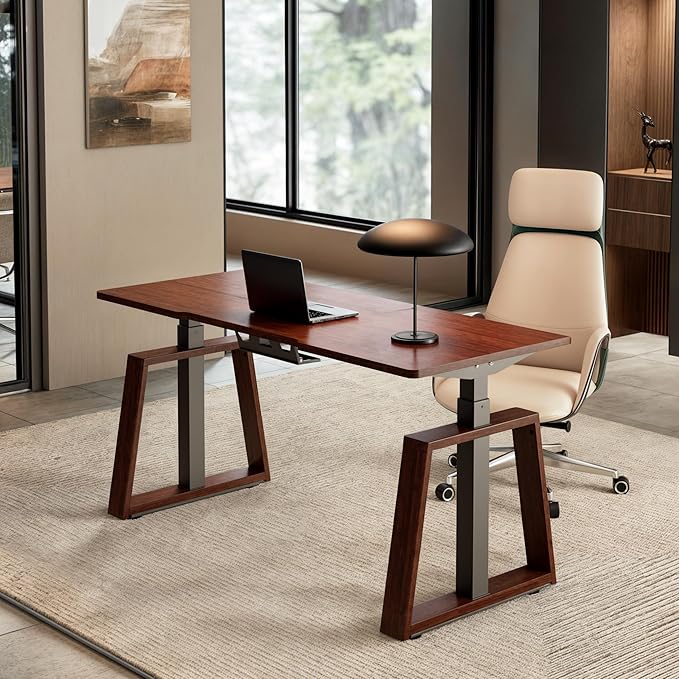 EUREKA ERGONOMIC Electric Standing Desk, 63inch Executive Computer Desk Adjustable Height Desk Modern Trapezoidal Leg Sit Stand Desk Smart APP&Touch Screen, Cherry Top