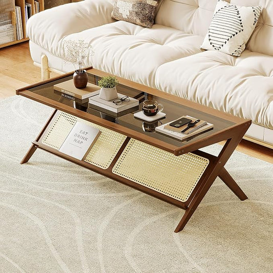 Bamworld Mid-Century Modern Coffee Table with Glass Top Rattan Center Table with Storage for Living Room Table Brown