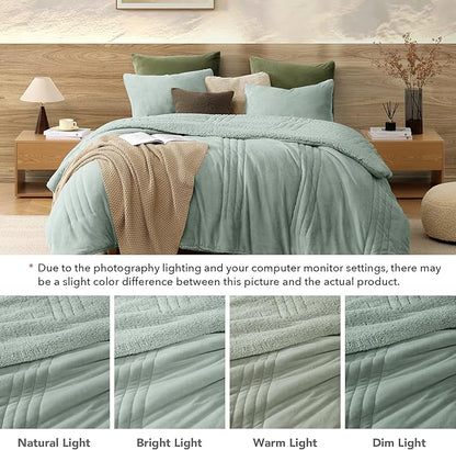 Monbix Fluffy Full Comforter Set Sage Green, Sherpa Plush Fuzzy Comforter 3 Piece for Full Size Bed, Luxury Soft Winter Warm Bedding Set