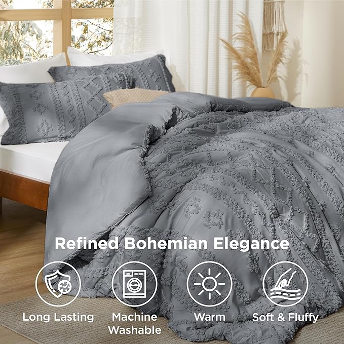 Bedsure Tufted Boho Comforter Set King Size - Grey Boho Bed Set, GentleSoft™ 3 Pieces Farmhouse Shabby Chic Embroidery Bedding, Gifts for Woman, Soft Jacquard King Comforter for All Seasons