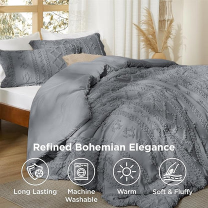 Bedsure Tufted Boho Comforter Set California King Size - Grey Boho Bed Set, GentleSoft™ 3 Pieces Farmhouse Shabby Chic Embroidery Bedding, Gifts for Woman, Soft Jacquard Comforter for All Seasons