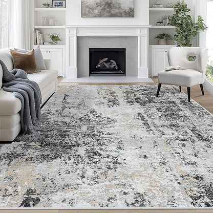 9x12 Area Rugs for Living Room Rug Washable: Abstract Large Rug for Dining Room Bedroom Carpet Non Slip 9 by 12 Indoor Modern Nursery Home Office Black Grey Gold
