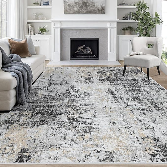 8x10 Area Rugs for Living Room Rug Washable: Abstract Large Rug for Dining Room Bedroom Carpet Non Slip 8 by 10 Indoor Modern Nursery Home Office Black Grey Gold