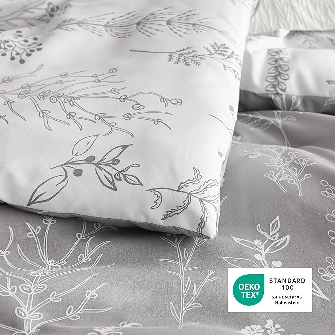 Bedsure California King Comforter Set - Grey Bed Set, 3 Pieces Cute Floral Bedding, 1 Soft Reversible Botanical Flowers Comforter and 2 Pillow Shams