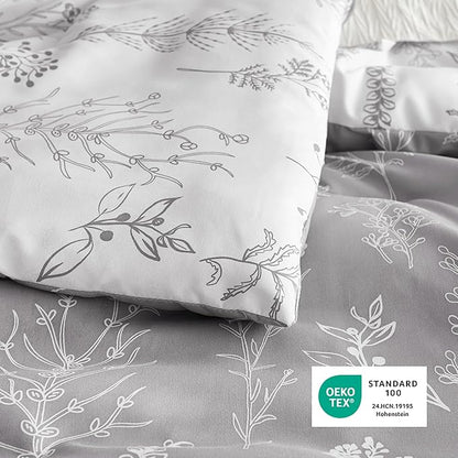 Bedsure Full Comforter Set - Grey Bed Set, 3 Pieces Cute Floral Bedding, 1 Soft Reversible Botanical Flowers Comforter and 2 Pillow Shams