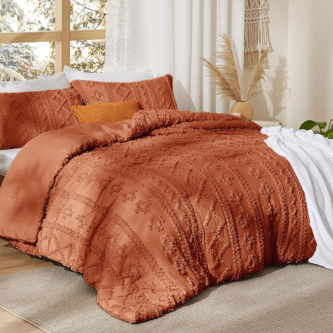 Bedsure Tufted Boho Comforter Set Twin Size - Terracotta Boho Bed Set, GentleSoft™ 2 Pieces Farmhouse Shabby Chic Embroidery Bedding, Gifts for Woman, Soft Jacquard Twin Comforter for All Seasons
